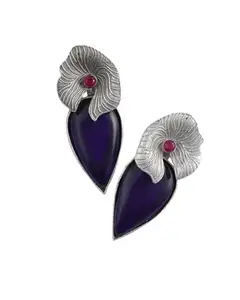 STUD STORY Vintage Oxidised Silver Earrings, Traditional Floral Design with Monalisa Stones for Women | Silver Replica Brass Floral Design Stud Earrings (Blue & Ruby)