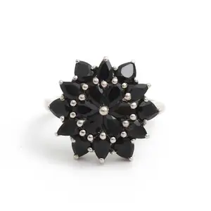 Hiflyer Jewels Natural Black Spinel Gemstone Floral Design Ring, 925 Sterling Silver Jewelry, Gift For Women and Girls (18)