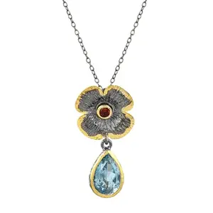 Ravishing Impressions Blue Topaz & Garnet Flower Look Designer 925 Sterling Silver Black Rhodium, Gold Plated Women Pendant with Chain