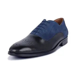 LOUIS STITCH Men's Formal Shoes - Handcrafted European Italian Suede Leather Brogues - Lace-Up Business, Formal, Shoes - Dual Tone Patina Finish - Blue, Black - UK Size 8 - EUBGSU