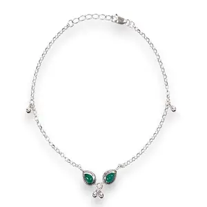 TARAASH 925 Sterling Silver Antique Finish Olive Green Gemstone Single Anklet for Women