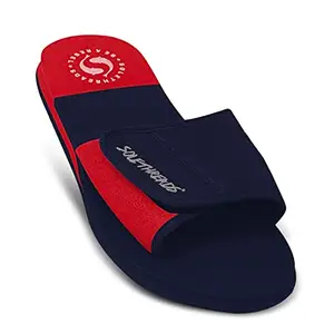 SOLETHREADS FREEWAY | Slides | Velcro Adjustable Strap | Cushioned Footbed | Comfy | Slippers | Flip Flops for Men | UK 10 | NAVY/RED