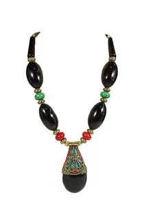 Tibetan Burgundy Agate Yellow Amber Turquoise Nepali Gypsy Bohemian Indian Bead Vintage Tribal Long Necklace (Black)