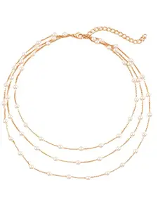 OOMPH Jewellery Gold Tone White Pearls Multi Layered Multi-Strand Fashion Necklaces for Women & Girls