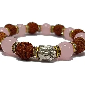Rose quartz & Rudraksha Buddha head Bracelet Crystal Stone Essential Bracelet Round Shape for Reiki Healing and Crystal