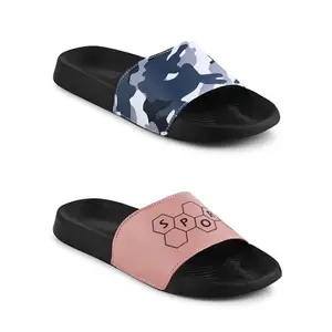 PERY-PAO Combo Sliders Pack of 2 Mens Blue, Olive, Peach, Black Flip Flop & Slippers