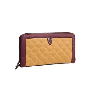 Monadaa Faux Leather Quilt Wallet for Women with Zip Pocket, Multiple Card Holders and Phone Pocket (Maroon Yellow)