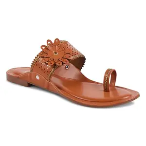 Padchin Kolhapuri Tan Chappal for Women Stylish Flat, Ethnic Slippers and Fashion Sandals Girls