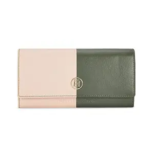 Tommy Hilfiger Lily Leather Flap Wallet Handbag for Women - Pink/Green, 12 Card Slots