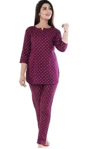 SHAZADI Fashion Cotton Night Suit for Women(Premium Cotton Lycra Blend), Night Wear/Night Dress, Star Printed (XL, purpal)
