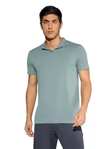TECHNOSPORT Men's Solid Slim Fit Mock Neck T-Shirt COTFLEX Half Sleeve Zip Polyester for Gym Running Workout UPF50+ Anti Odour