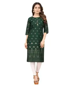 Women's Casual 3/4th Sleeve Foil Gold Printed Cotton Kurti (Green, S)-PID46152