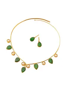 Azai By Nykaa Fashion Green Stone Contemporary Necklace Jewellery Set with earrings For Girls And Women| Wedding Collection For Bride And Bridesmaid