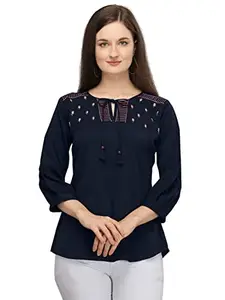 14 Fab Blue Polyester Embellished Three-Quarter Sleeves Round Neck Women's and Girls Regular Top (PRW-1016-XXL)