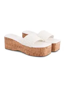 STEPT6 Women's & Girls Stylish White Cork Wedge Heels Comfortable & Trendy Party Ladies Summer Fashion Sandals. White