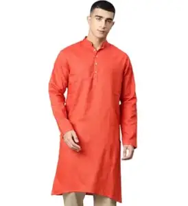 Majestic Man Men's Cotton Regular Fit Traditional Mandarin Collar Ethnic Motifs Solid Long Kurta