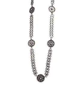 Shyle 925 Sterling Silver Long Necklace Earring Set, Mizoya Flower Motif Versatile Chain Necklace Set, Well Stamped with 925, Handcrafted Oxidized Long Statement Necklace, Gift for Her