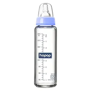 Hopop Slim Glass Feeding Bottle |Borosilicate Glass Anti Colic Nipple |BPA Free | Easy to Hold Baby Glass Feeding Bottle for 0m+ Newborn Babies/Infants/Toddler | (Light Blue, 250 ml)
