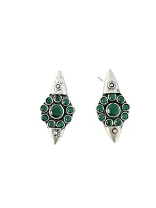 Antique Silver Stone Stud Earrings (Green)
