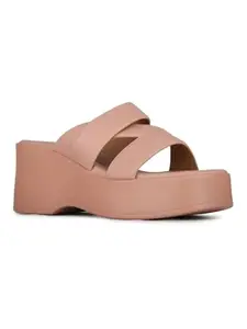 Inc.5 Womens Peach Party Wear Striped Round Toe Block Heel Sandals