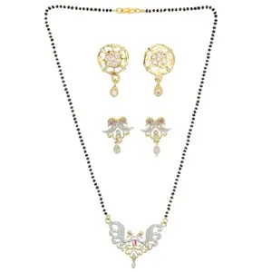 AanyaCentric Fancy Gold plated Jewelry Set for Women Mangalsutra with Pendant, 2 Pair Earrings