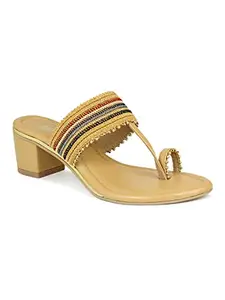 Inc.5 Women Beige Ethnic Kolhapuri One Toe Block Heels