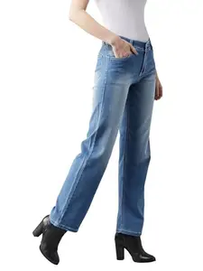 Dolce Crudo Women's Wide-Leg Mid Rise Regular Length Blast Effect Light Weight Denim Jeans,(DOAW24DEN91-98-158-38, Light Blue, 38)