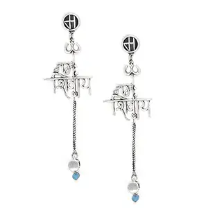 Voylla Brass Silver Oxidised Plating Moksha Namaha Shivaya Earrings with Turquoise Pearl Beads for Women and Girls
