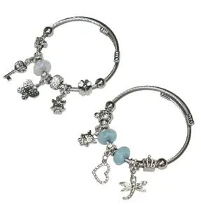 illusion Charm Bracelet Set for Women, Silver-Toned with Beads and Dragonfly Charms, Light Green and Blue, (Pack of 2)