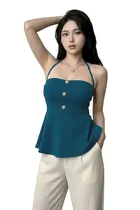 TIVANTE Solid Halter Neck Peplum Top for Women with Button Detail | Sleeveless Crop top for Women | Korean top