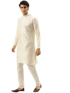 SOJANYA (Since 1958 Men's Silk Blend Off White Kurta Pyjama & RoyalBlue Nehrujacket Combo Size 38
