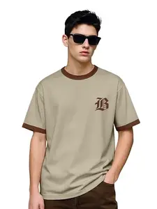 Maniac Mens Printed B Round Neck Half Sleeve Biscuit and Brown Tshirt