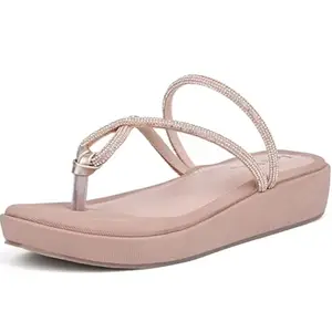 LOUIS STITCH Women’s Slip-On Platform Heel T-Strap Sandals | Open Toe Stylish Peach Pink Wedge Heel Sandal for Ladies, Fashionable and Comfortable Sandal | LSOF-LDPS-GLCSNU | UK-7