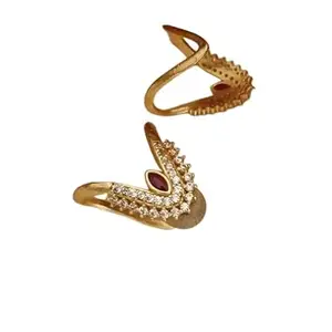 Women Rose Gold Crystal Studded V-Shaped Ring with Ruby Accent, Fashion Jewellery, One Size