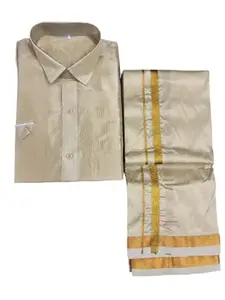 Men's Fashion Art Silk Shirt And Dhotis Combo (Short Sleeve) (Fresh Peach, 40)