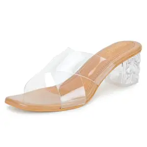 Jking Transparent Heels for Women | Clear Strap Slip-On Crystal Block Heels | Stylish Mules with TPR Sole