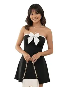 TIVANTE Solid Tube Bow Mini Flare Dress for Women | Bodycon Dress | Off Shoulder Dress | Korean Dress for Women