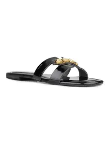 Inc.5 Womens Black Solid Square Toe Casual Flat Slip-on Sandals