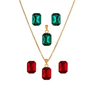 JFL - Jewellery for Less Fashion Combo Gold Plated Rectangular Crystal Pendant with Chain and Earrings(Red, Green),Valentine