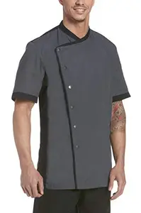 BSF Uniforms Men's Half Sleeves Large Grey Polycotton Black Piping Contrast Chef Coat