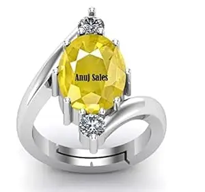 Anuj Sales 6.00 Ratti 4.00 Carat Yellow Sapphire Stone Silver Plated Adjustable Ring Original and Certified Natural Pukhraj Unheated and Untreated Gemstone Free Size Anguthi for Men and Women