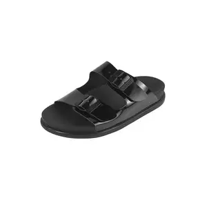 Mochi Women Black Pat Synthetic Twin Buckle Gloss Finish Slides UK/6 EU/39 (41-428)