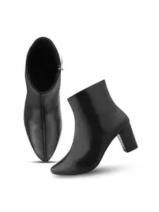 Froh Feet Women's Black Leather Ankle Boots with Side Zip | Pointed Toe & Fashionable Block Heel for Effortless Style