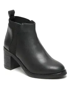 Bruno Manetti Women's Black Slipon with Both Side Elastic new TPR Sole Round Toe Ankle Length Comfort Mid Top Block Heel Boots