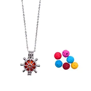 AD's Wheel Aromatherapy Essential Oil Diffuser Perfume Necklace Locket Pendant And 7 Colours Lava Stone Beads and 24" Link Chain