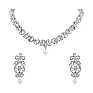 SAIYONI Austrian Diamond Silver Plated Designer Choker Necklace With Earring Jewellery Set