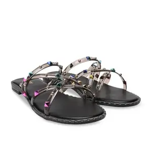 ROCIA By Regal Black Women Strappy Vinyl Flats