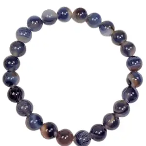 RRJEWELZ Natural Blue Striped Agate 8mm Round Shape Smooth Cut Beads 8 Inch Stretchable Bracelet For Men & Women. Unisex Bracelet For Healing, Meditation, Prosperity, Gift & Luck|STBR_RR_10428_8.0