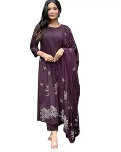 SOREN CRAFT Women's Cotton Embroidery Floral Printed Long Straight Kurti With Pant And Dupatta Set