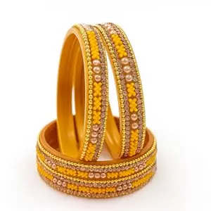 Traditional Beaded Women Bangle Set, Mint Green with Golden Trim and Pearl Accents, 4-Piece (Yellow, 2.2)